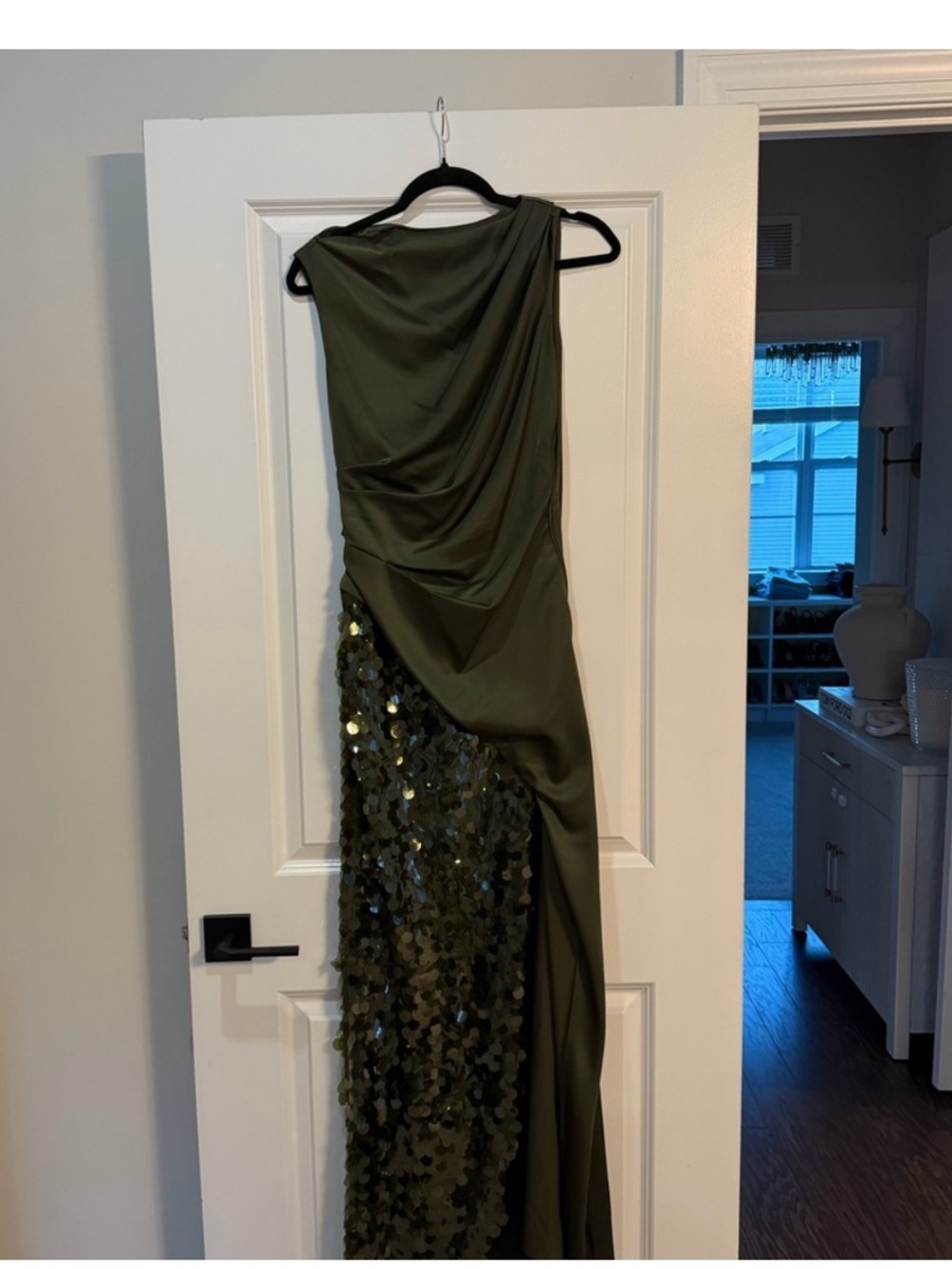 Olive Green One-Shoulder Sequin Evening Gown
